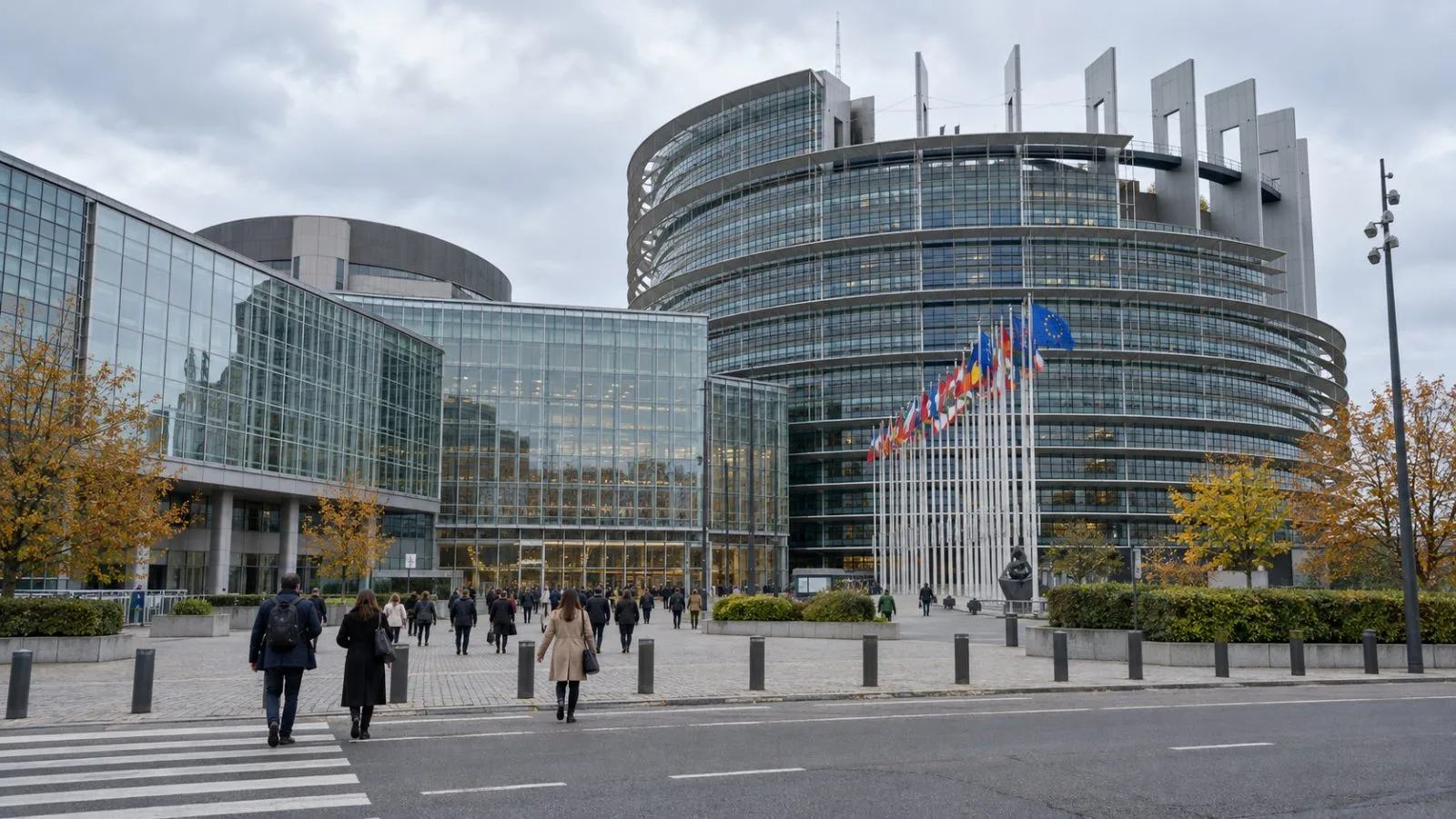 Visitors cross the European Parliament courtyard in Brussels beneath an overcast October sky. (AI-generated image / EconoTimes)