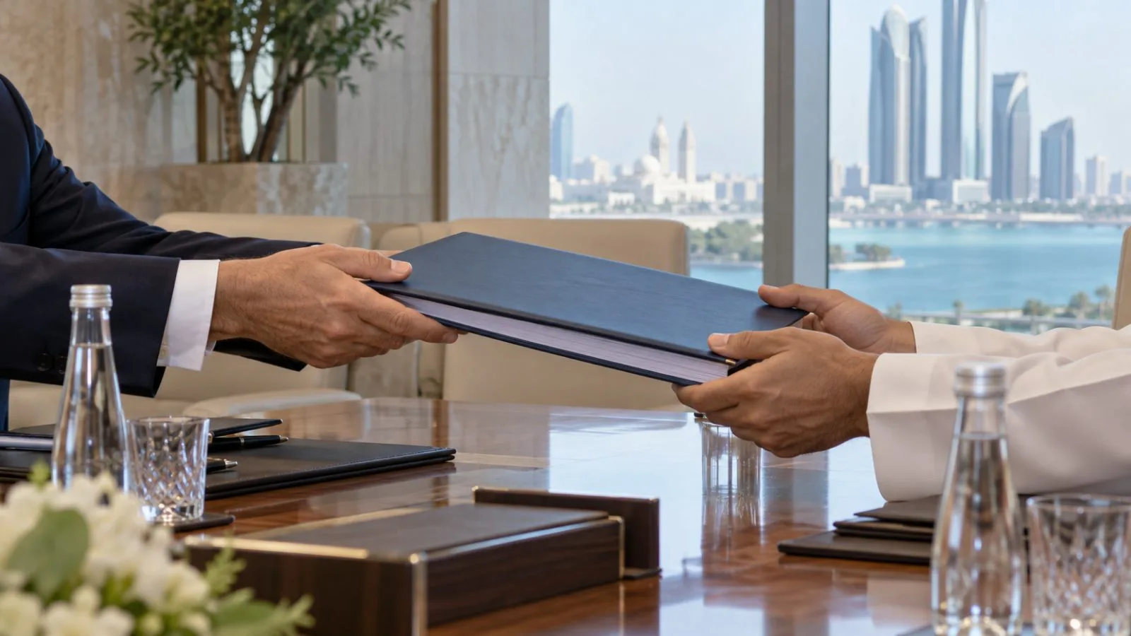Officials exchange bound defense documents at a government meeting in Abu Dhabi, United Arab Emirates. (AI-generated image / EconoTimes)