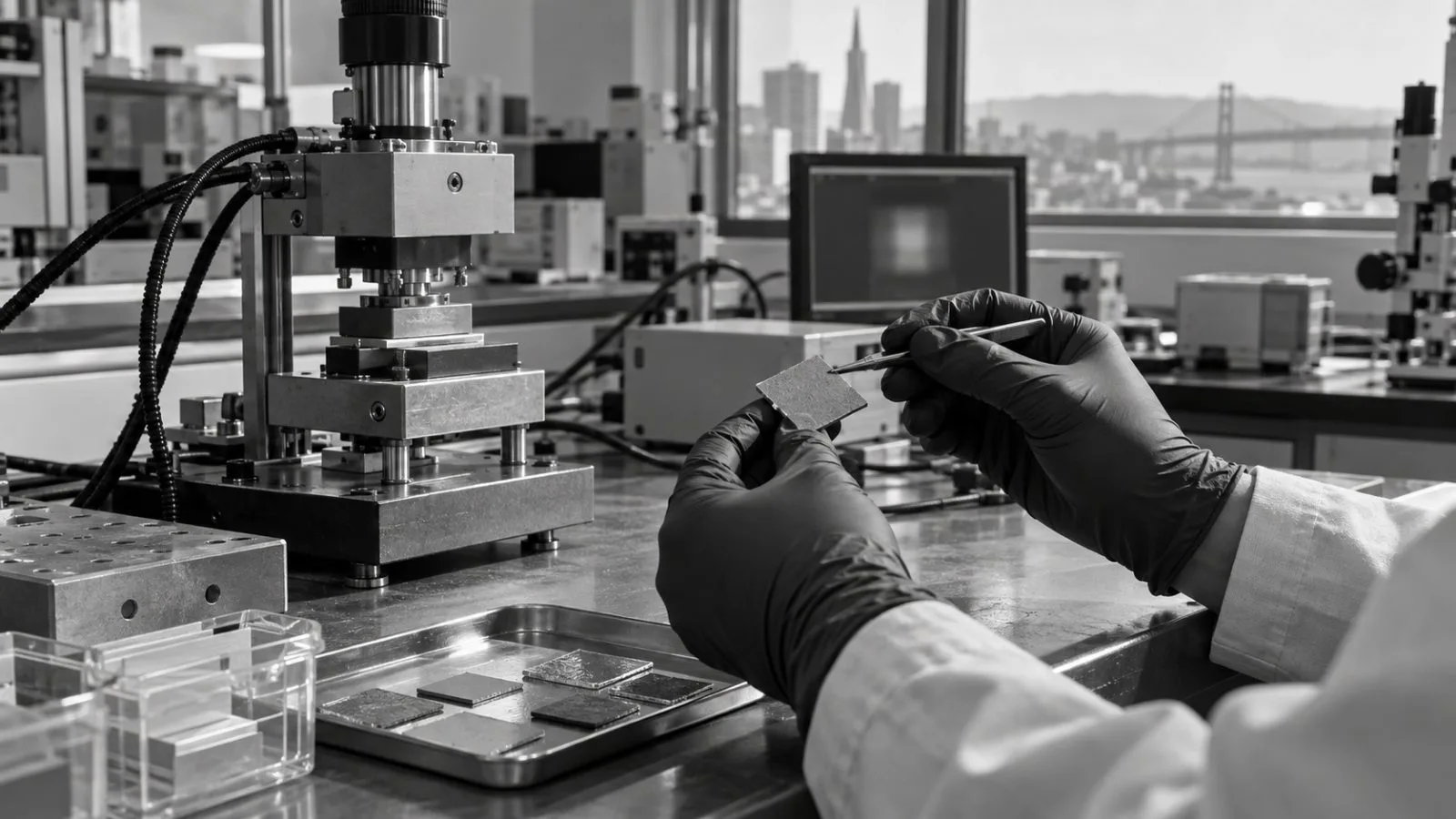 Gloved hands examine a material sample in a San Francisco laboratory. (AI-generated image / EconoTimes)
