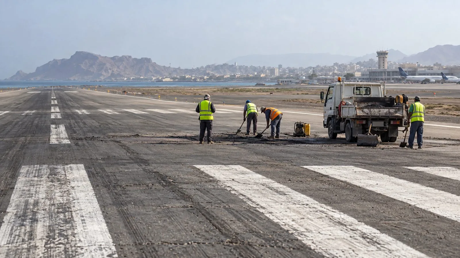 Maintenance vehicles stand beside runway markings at Aden International Airport in Aden, Yemen. / EconoTimes.ai