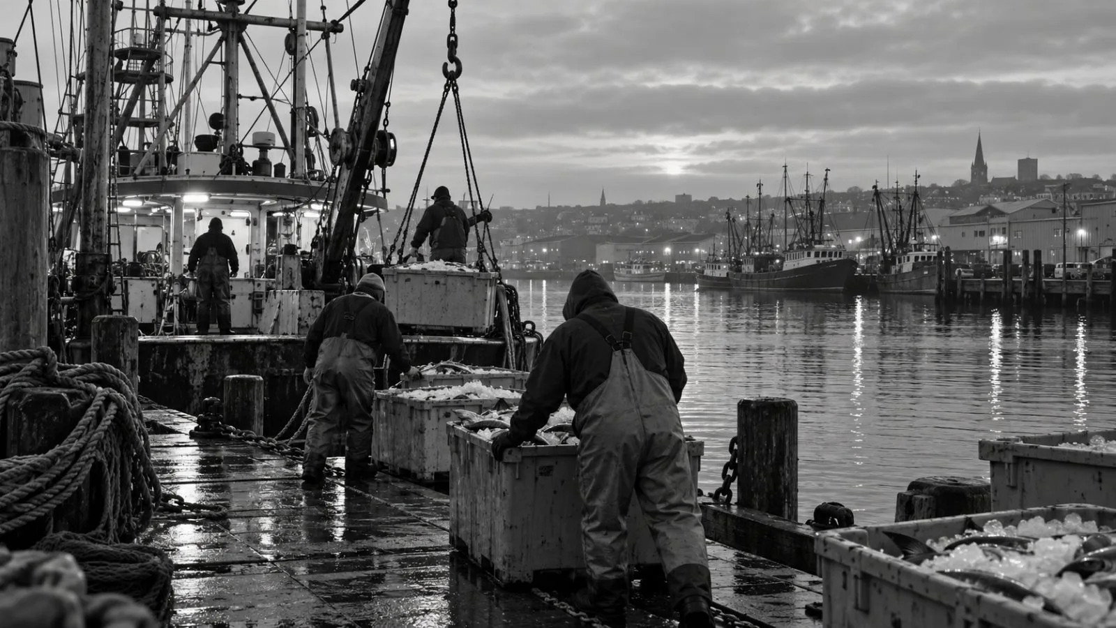Workers unload seafood crates from a fishing vessel at the Port of New Bedford, Massachusetts. (AI-generated image / EconoTimes)