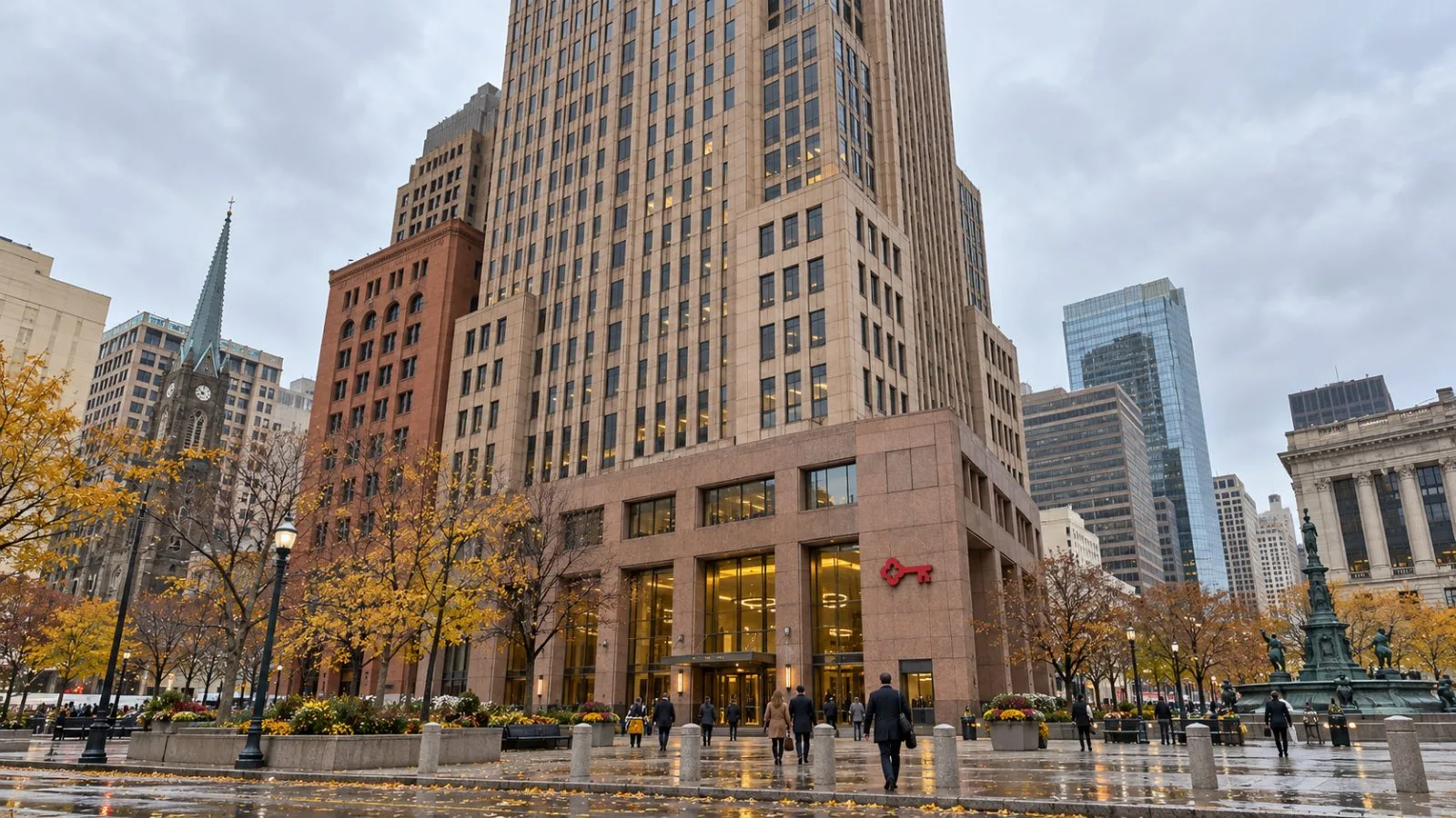 Office workers pass KeyCorp's headquarters on Public Square in Cleveland, Ohio. / EconoTimes.ai