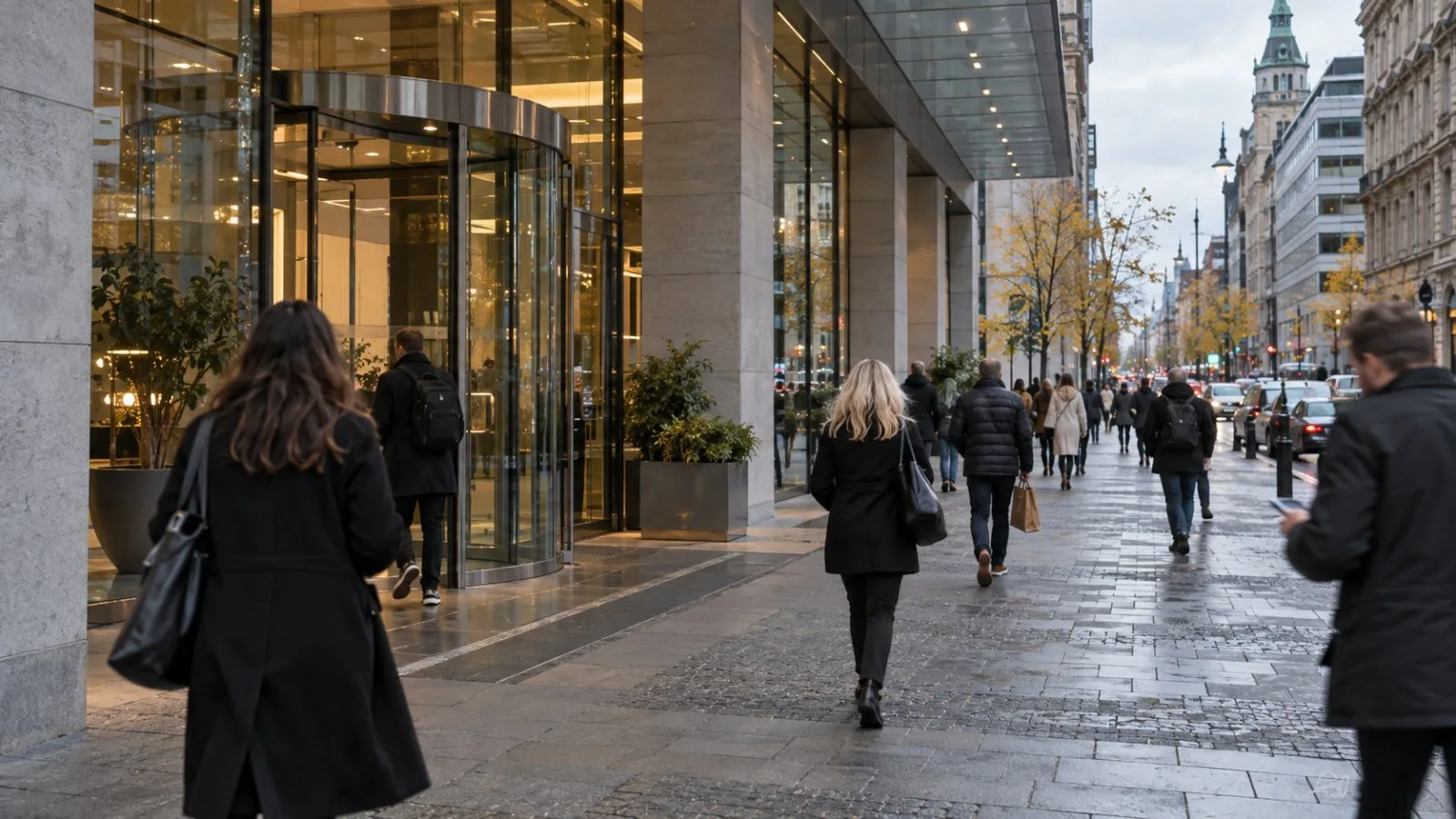 Pedestrians pass office entrances on Mäster Samuelsgatan in central Stockholm. (AI-generated image / EconoTimes)