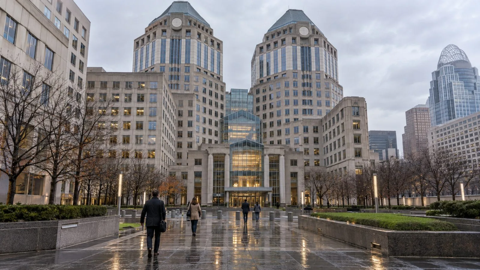 Procter & Gamble’s headquarters stands in downtown Cincinnati, Ohio, on an overcast morning. (AI-generated image / EconoTimes)