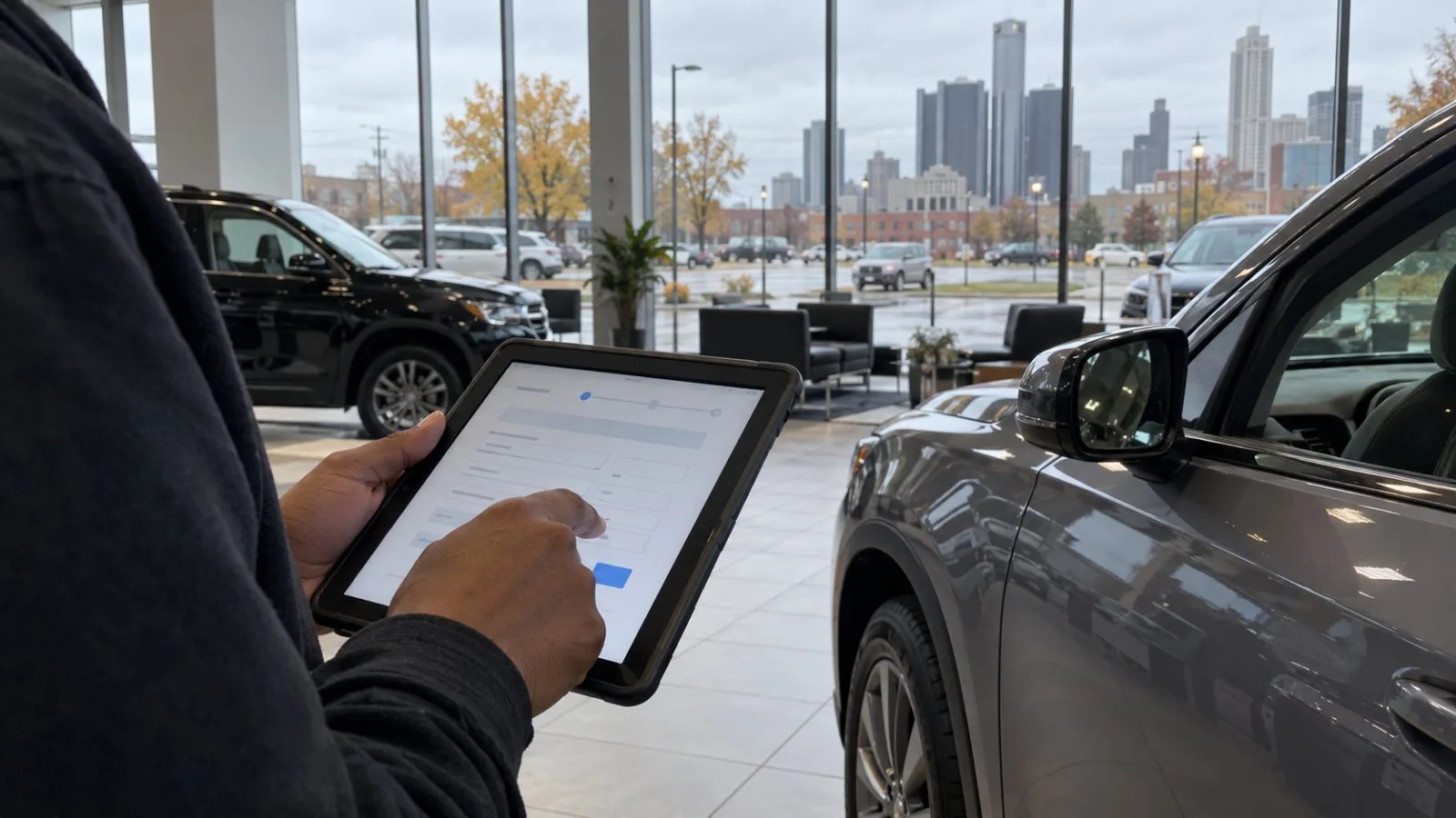 A customer completes a vehicle loan application beside a car in Detroit. (AI-generated image / EconoTimes)