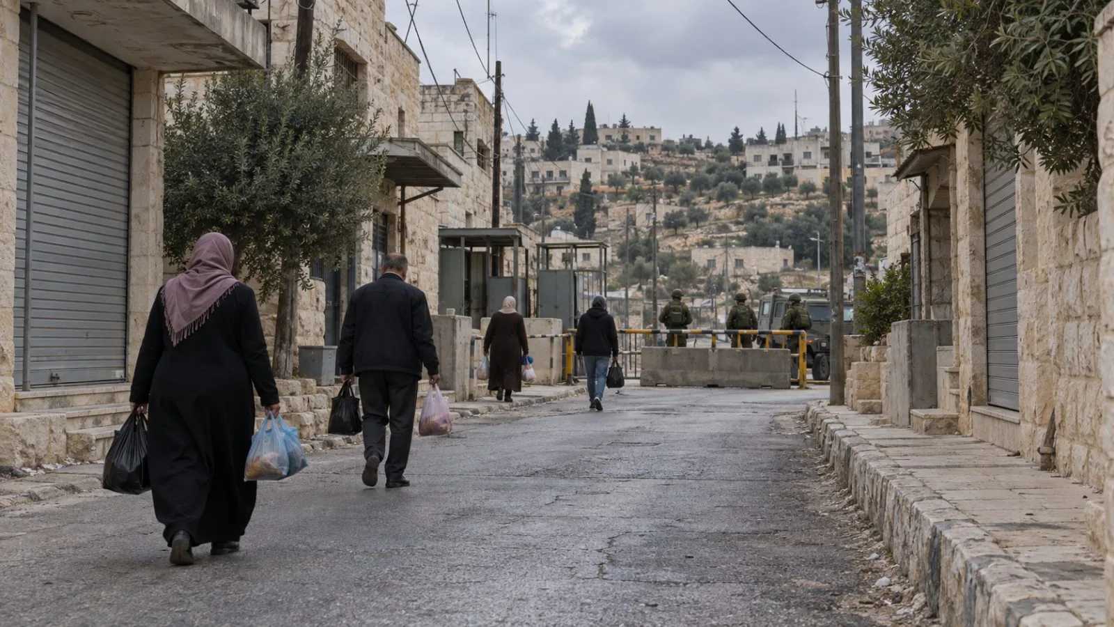 Residents carry belongings along a restricted street in Deir Bahha, Hebron, West Bank (AI-generated image / EconoTimes)