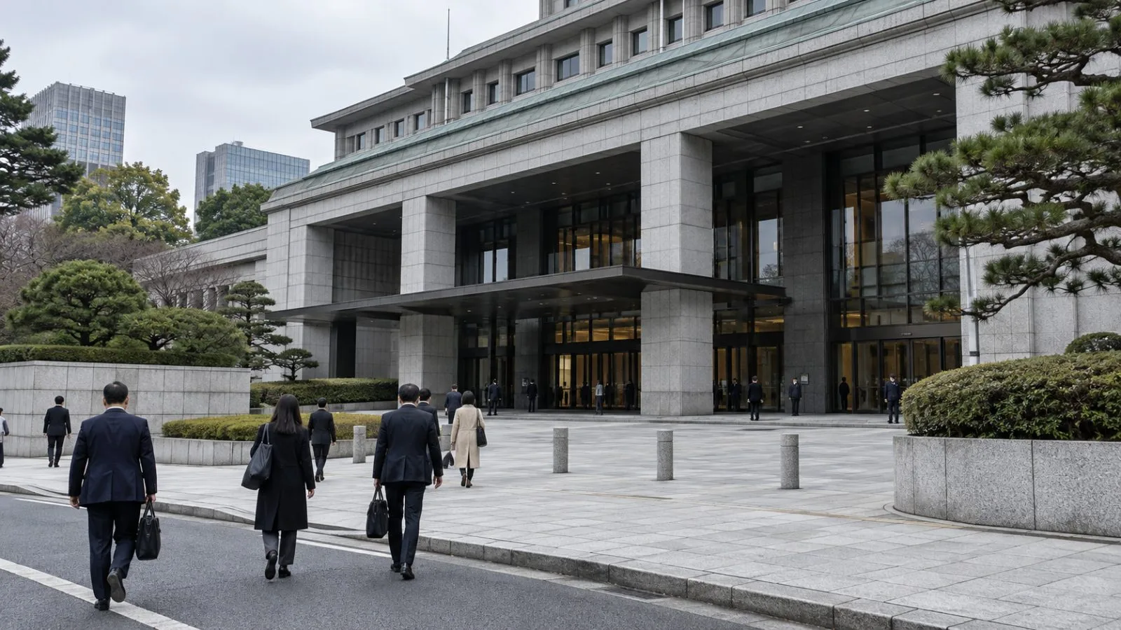 Pedestrians pass Japan’s Foreign Ministry in Tokyo under overcast morning skies. (AI-generated image / EconoTimes)