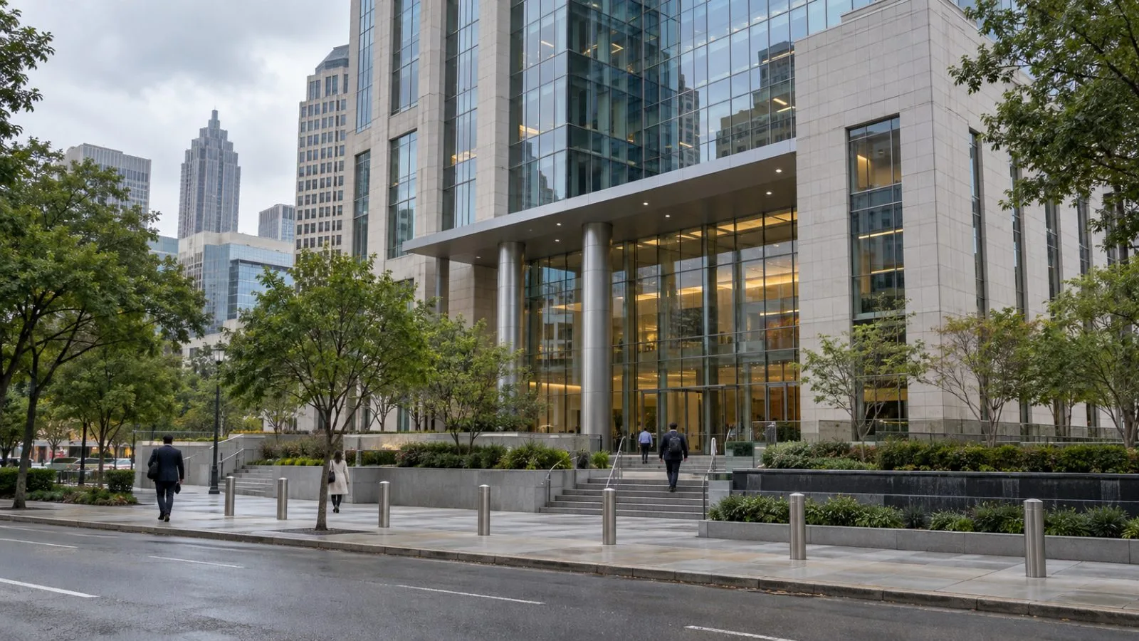 Pedestrians pass Southern Company's headquarters in Atlanta under an overcast morning sky. (AI-generated image / EconoTimes)