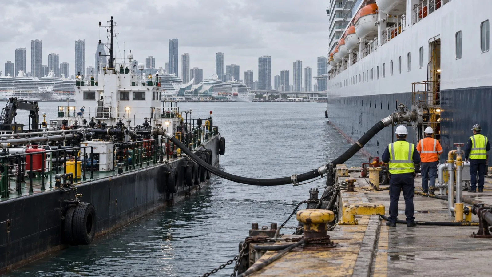 A cruise ship takes on fuel beside a bunkering barge at PortMiami in Miami, Florida. (AI-generated image / EconoTimes)
