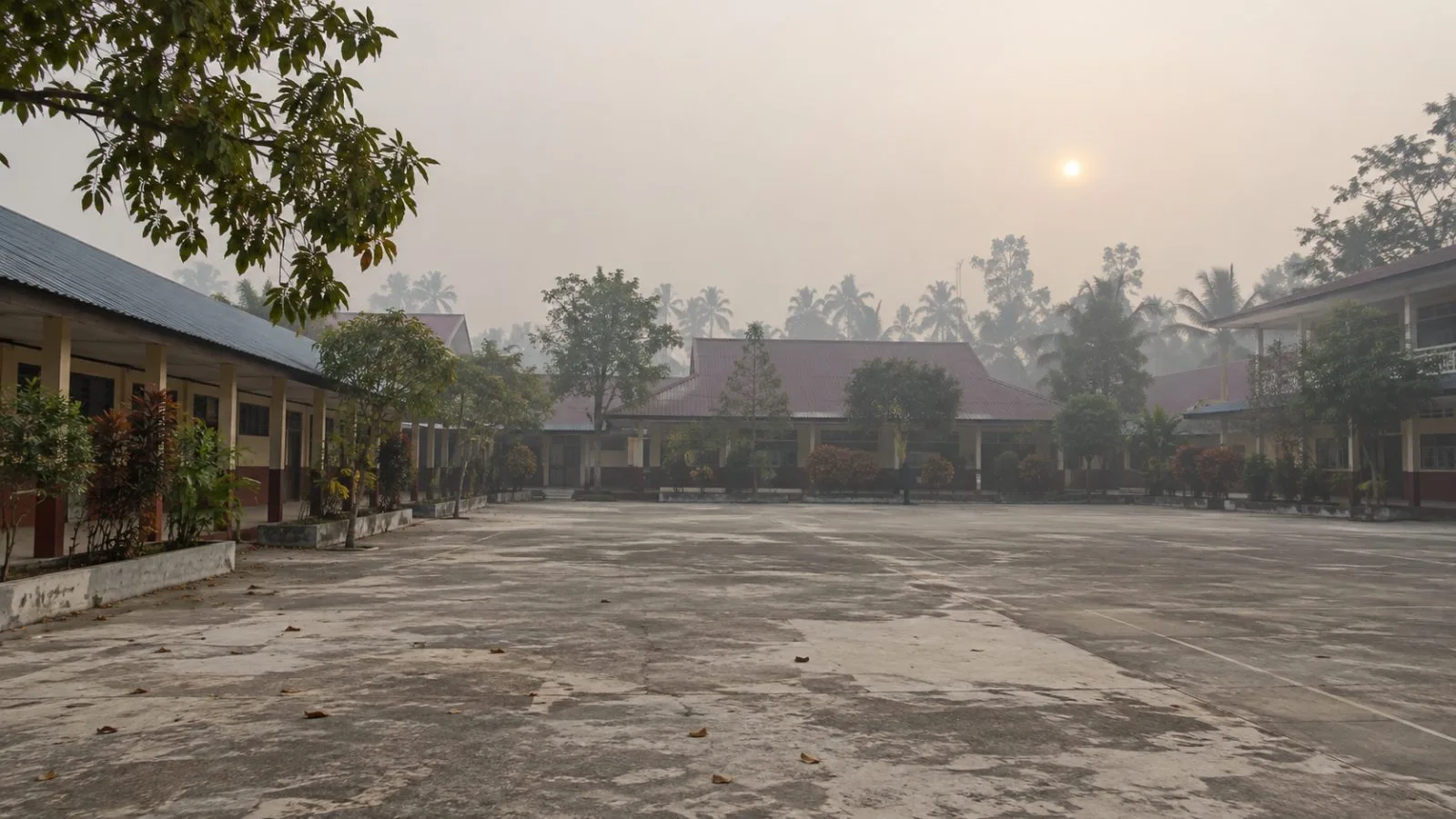 Wildfire haze hangs over an empty school courtyard in Palangka Raya, Indonesia. (AI-generated image / EconoTimes)