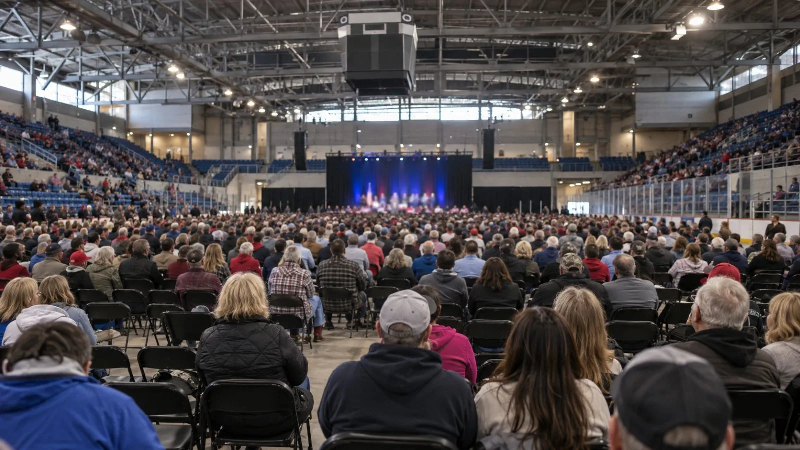 Supporters gather inside McMorran Place Arena in Port Huron, Michigan, during a campaign rally. (AI-generated image / EconoTimes)
