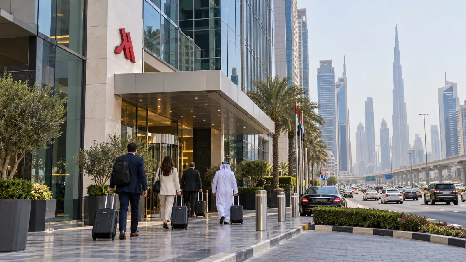 Travelers arrive at a hotel on Sheikh Zayed Road in Dubai, United Arab Emirates. / EconoTimes.ai