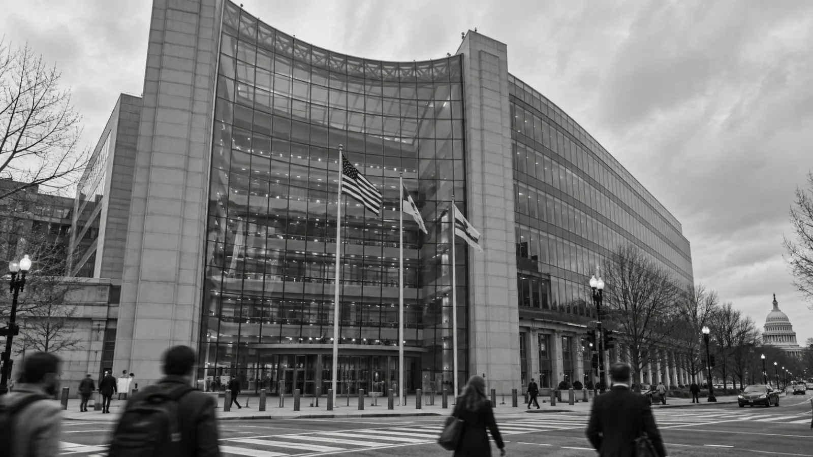 The SEC headquarters stands along F Street in Washington, D.C., under an overcast autumn sky. (AI-generated image / EconoTimes)