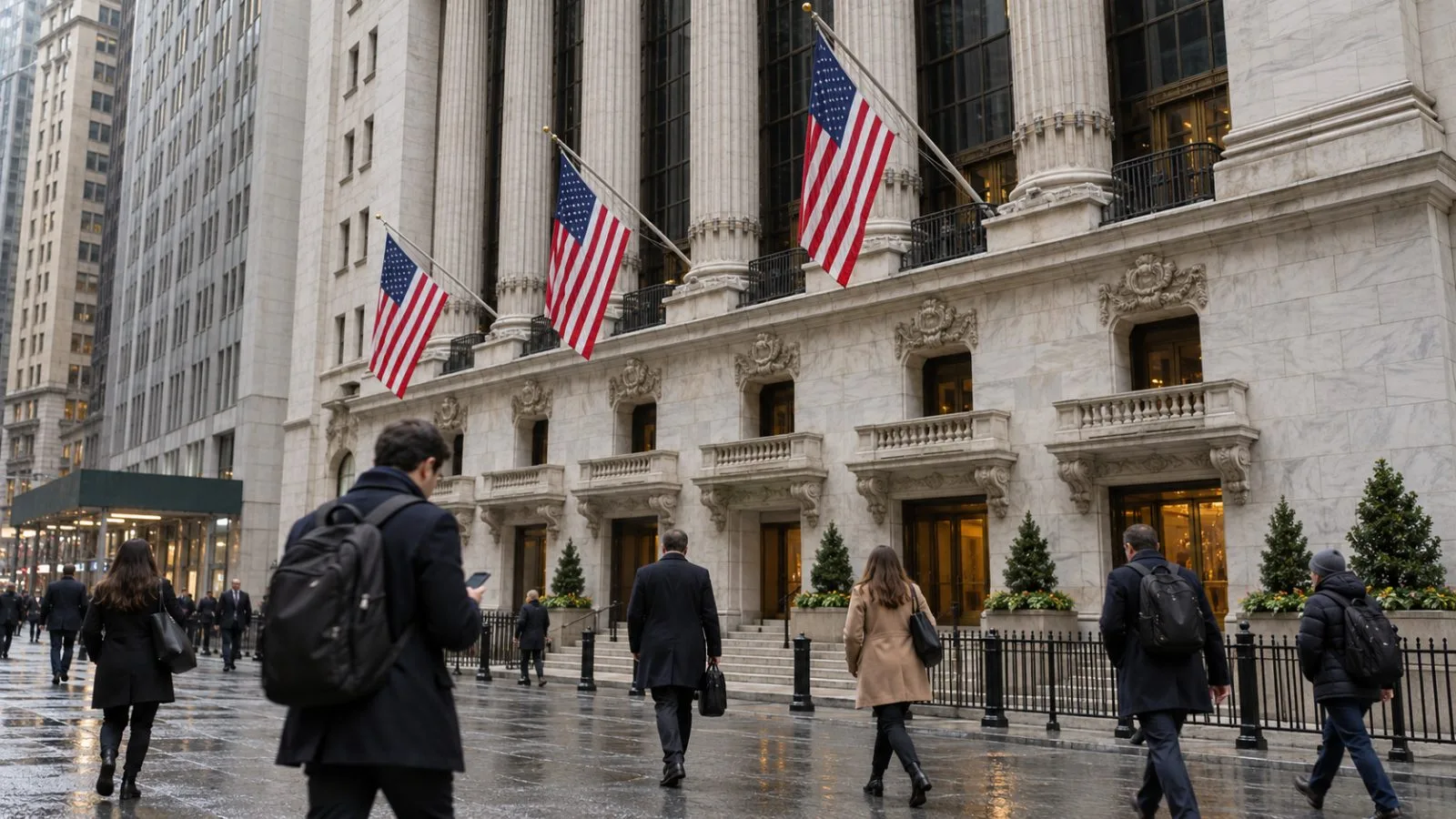 Pedestrians pass the New York Stock Exchange in Manhattan on an overcast morning. (AI-generated image / EconoTimes)