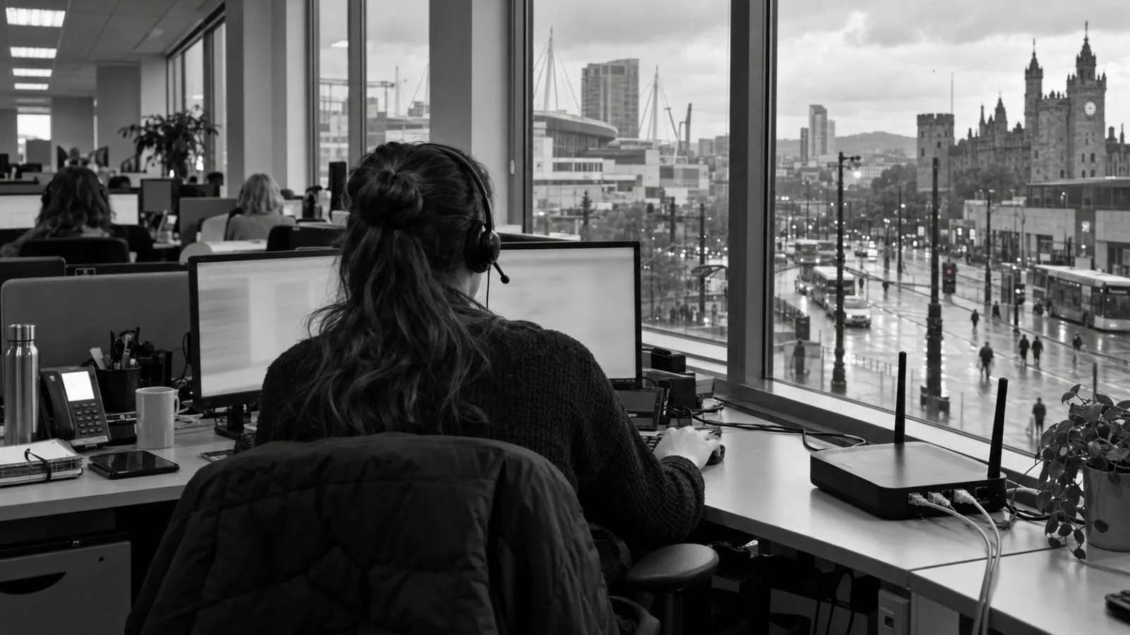 A contact-center worker handles a customer call in Cardiff, Wales (AI-generated image / EconoTimes)