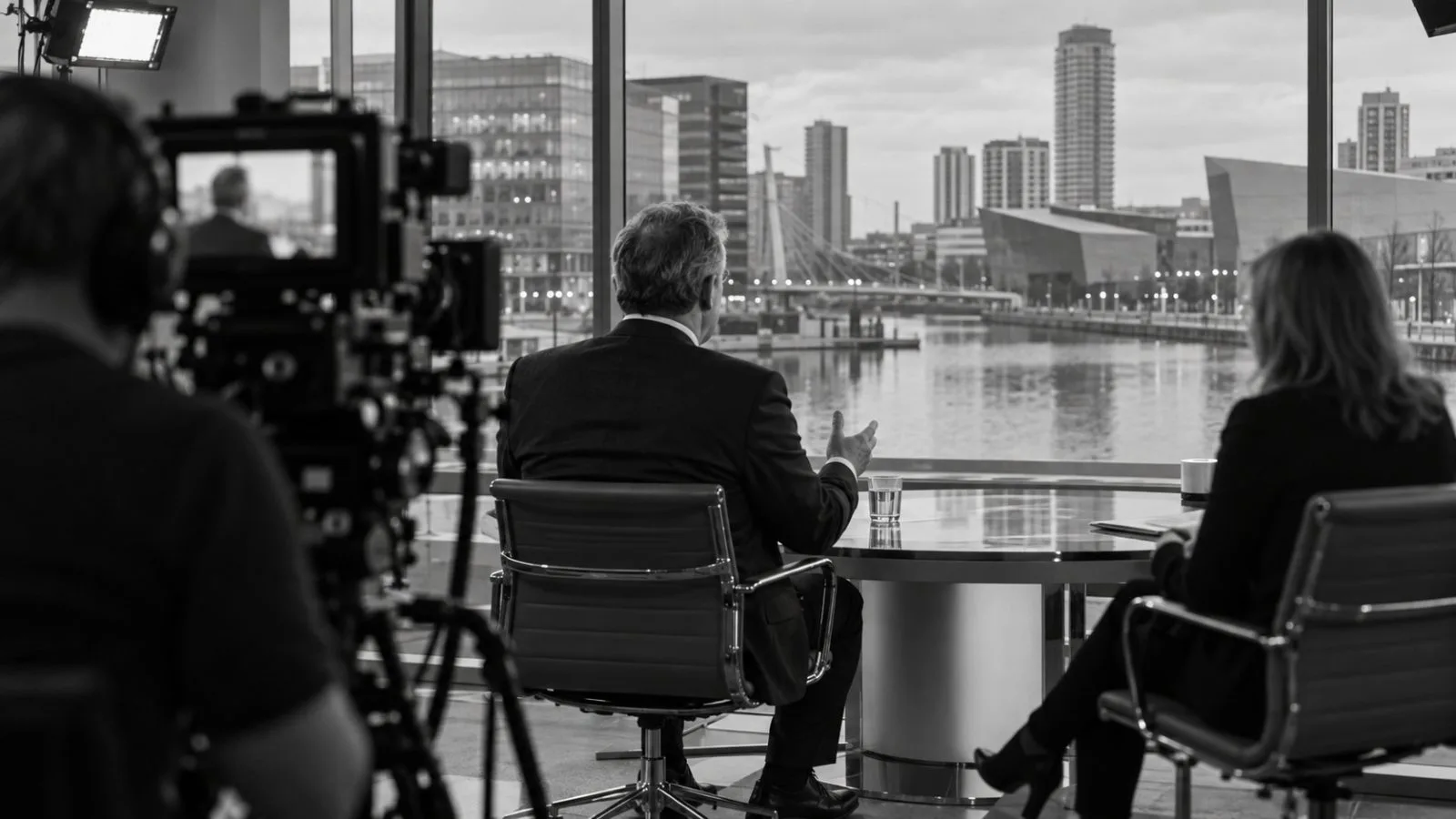 A broadcast camera faces an interview desk inside the BBC Breakfast studio in Salford, England. (AI-generated image / EconoTimes)
