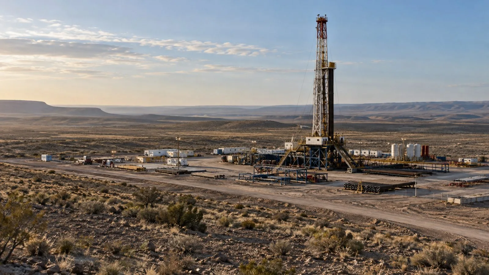 Drilling rigs and service roads mark Argentina’s Vaca Muerta shale field near Añelo. (AI-generated image / EconoTimes)