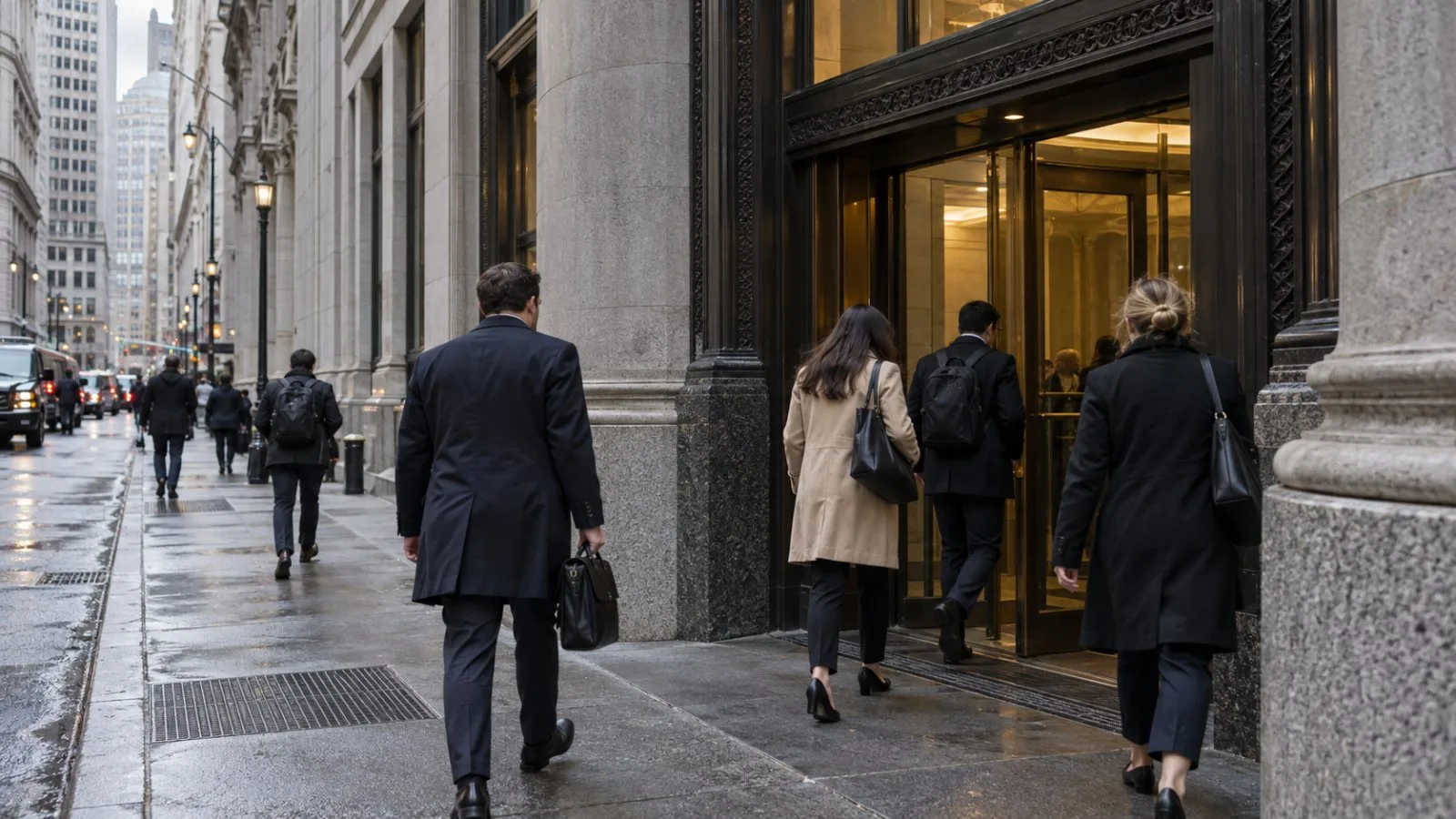Workers enter an office building in New York's Financial District on an overcast morning. (AI-generated image / EconoTimes)