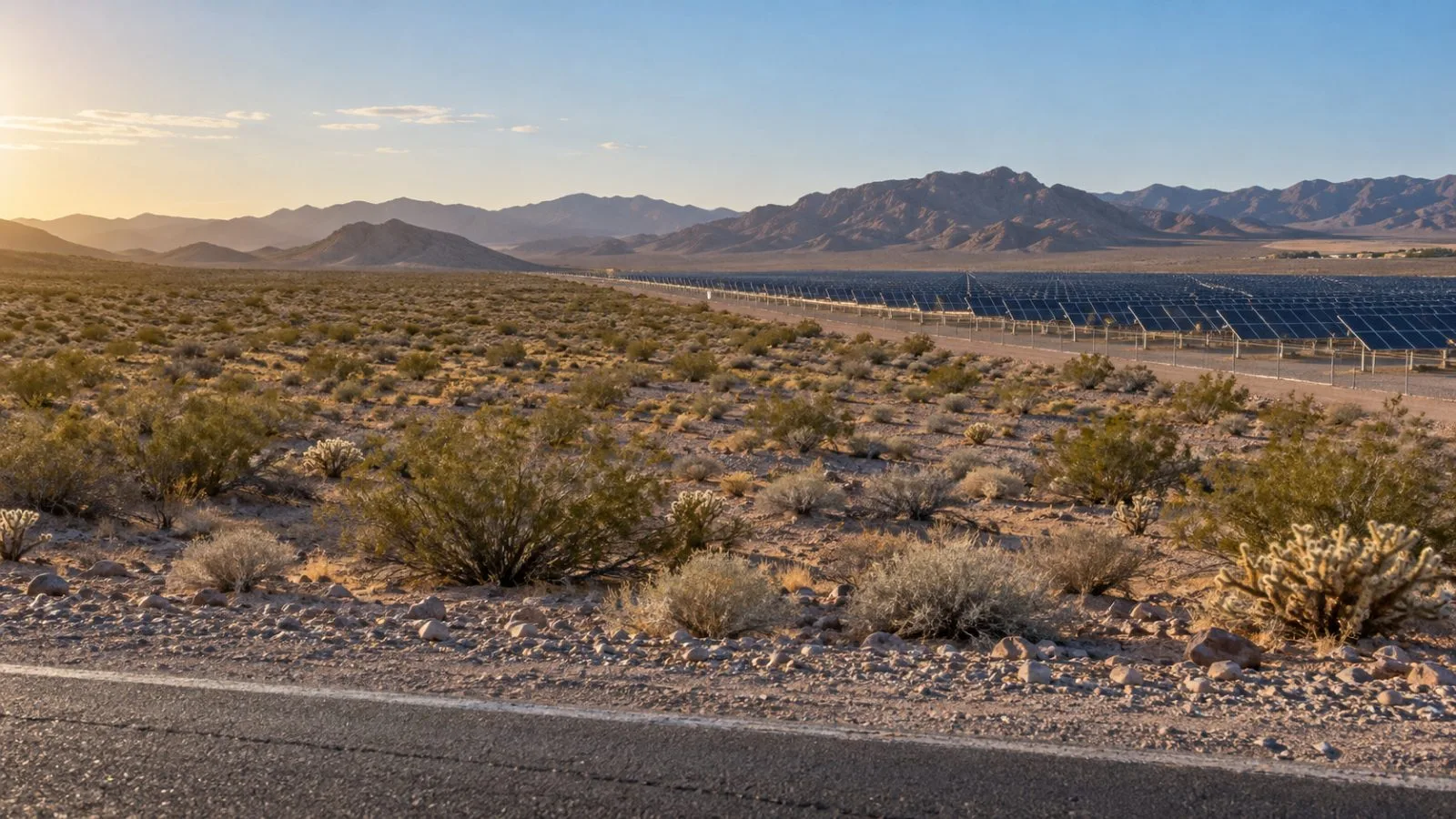 Undeveloped desert land lies beside solar panels near Boulder City, Nevada. (AI-generated image / EconoTimes)