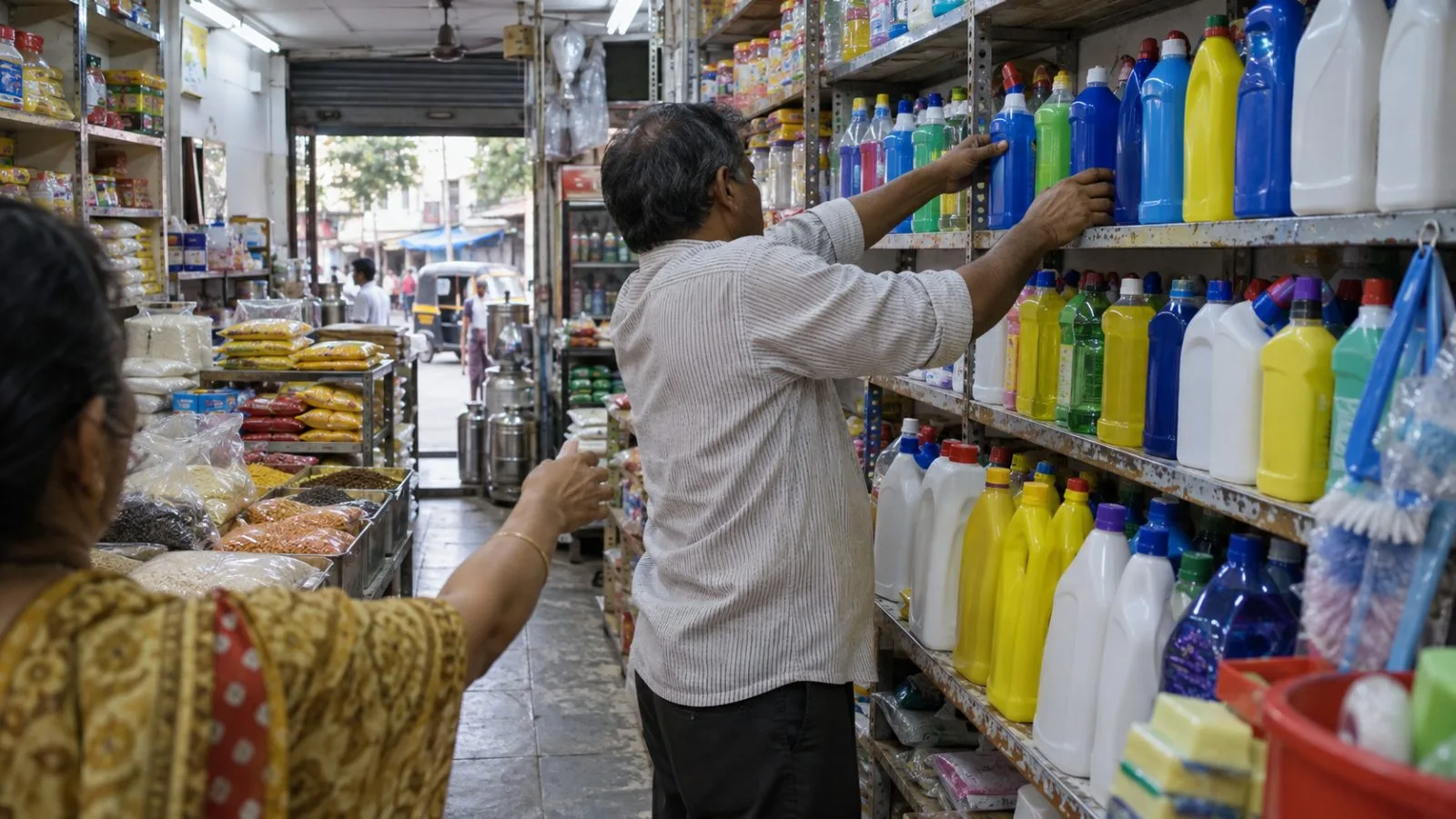 A shopkeeper restocks household cleaning products in a neighborhood grocery in Mumbai, India. (AI-generated image / EconoTimes)