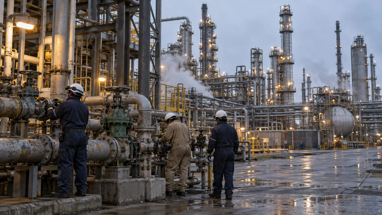 Workers inspect refinery pipework beneath distillation towers along the Houston Ship Channel, Texas. (AI-generated image / EconoTimes)