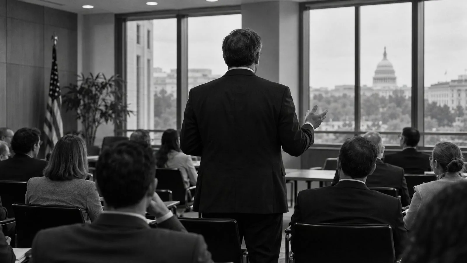 A speaker addresses attendees at the Commodity Futures Trading Commission headquarters in Washington, D.C. (AI-generated image / EconoTimes)
