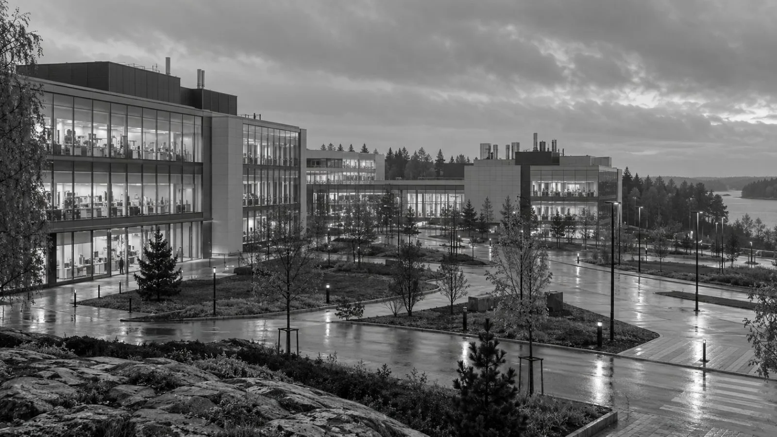 Orion's pharmaceutical research campus stands in Espoo, Finland, beneath a gray autumn sky. (AI-generated image / EconoTimes)