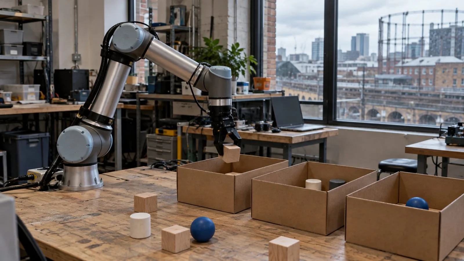 A robotic arm sorts small objects in a workspace in King’s Cross, London. (AI-generated image / EconoTimes)