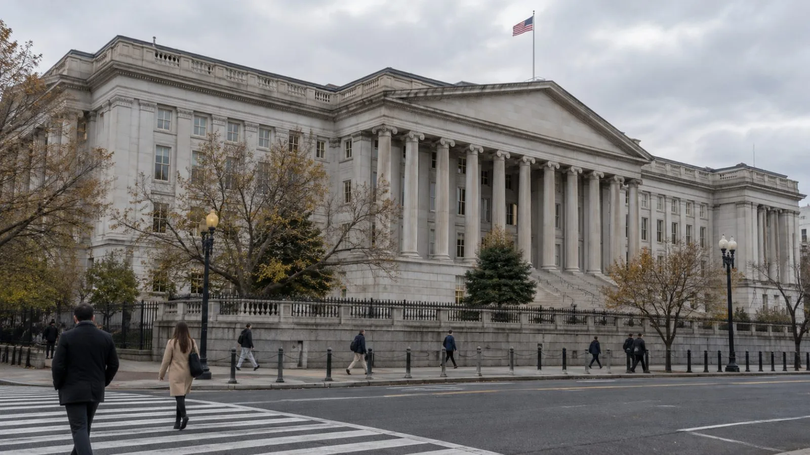 Pedestrians pass the U.S. Treasury Building in Washington on an overcast morning. (AI-generated image / EconoTimes)