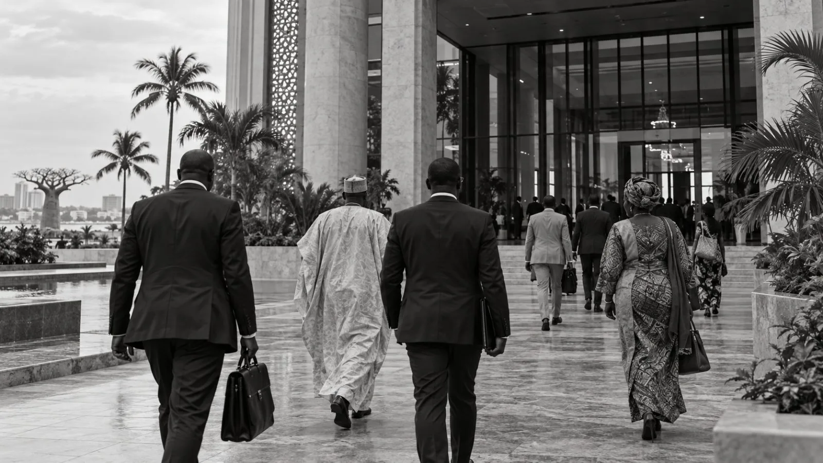 People enter a meeting venue in Dakar, Senegal, under overcast skies. (AI-generated image / EconoTimes)