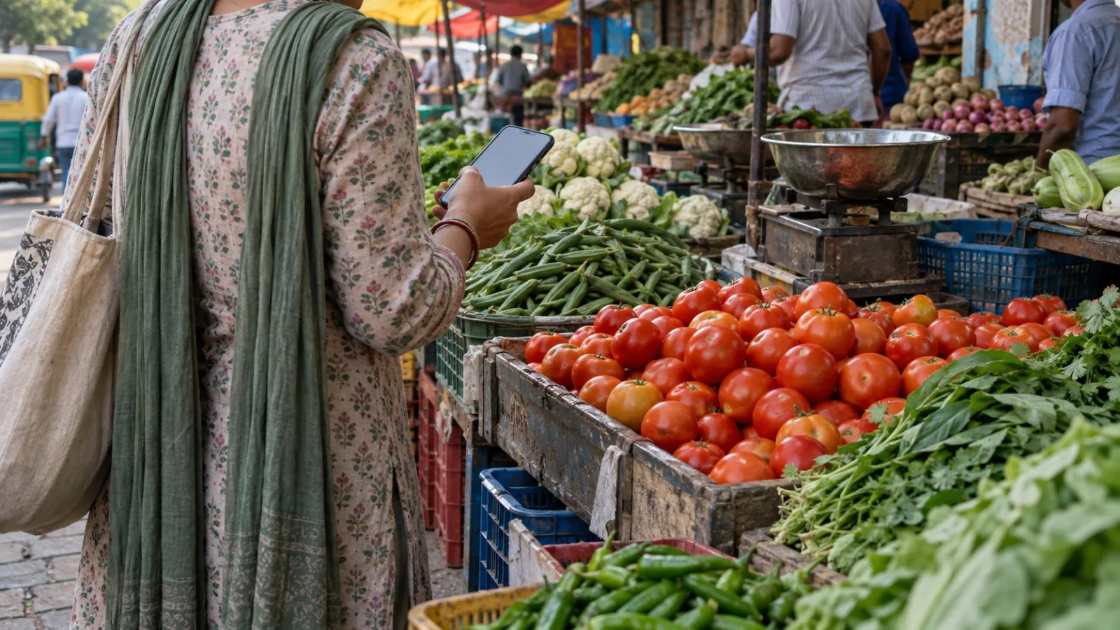 A shopper checks a phone beside baskets of fresh vegetables at a market in Delhi, India. (AI-generated image / EconoTimes)