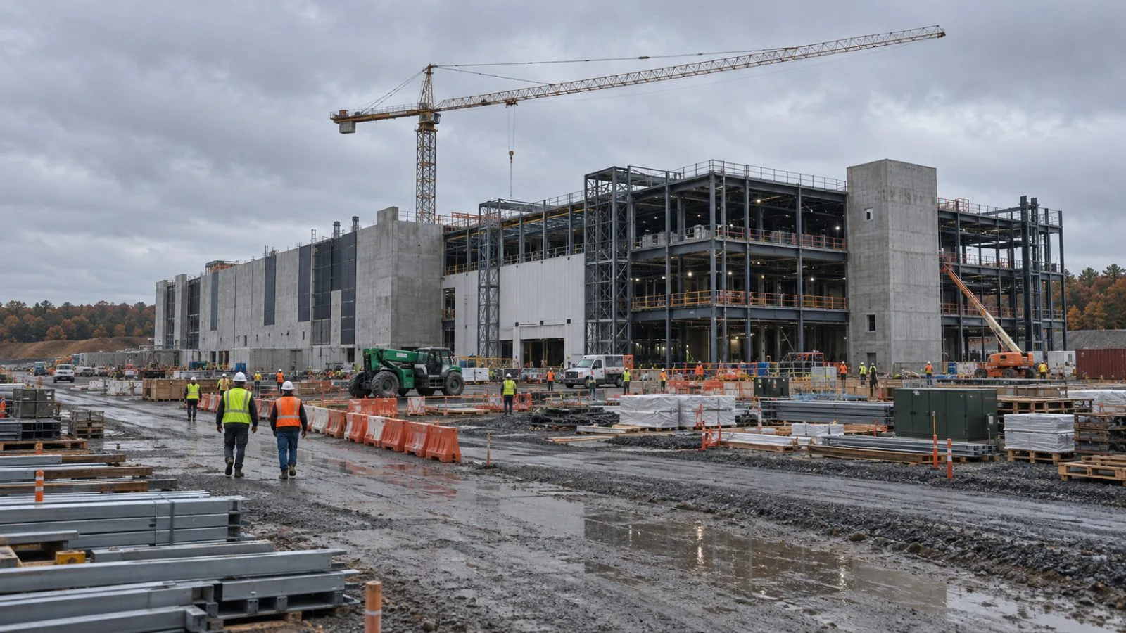 Workers move beside an unfinished data center building in Ashburn, Virginia. (AI-generated image / EconoTimes)