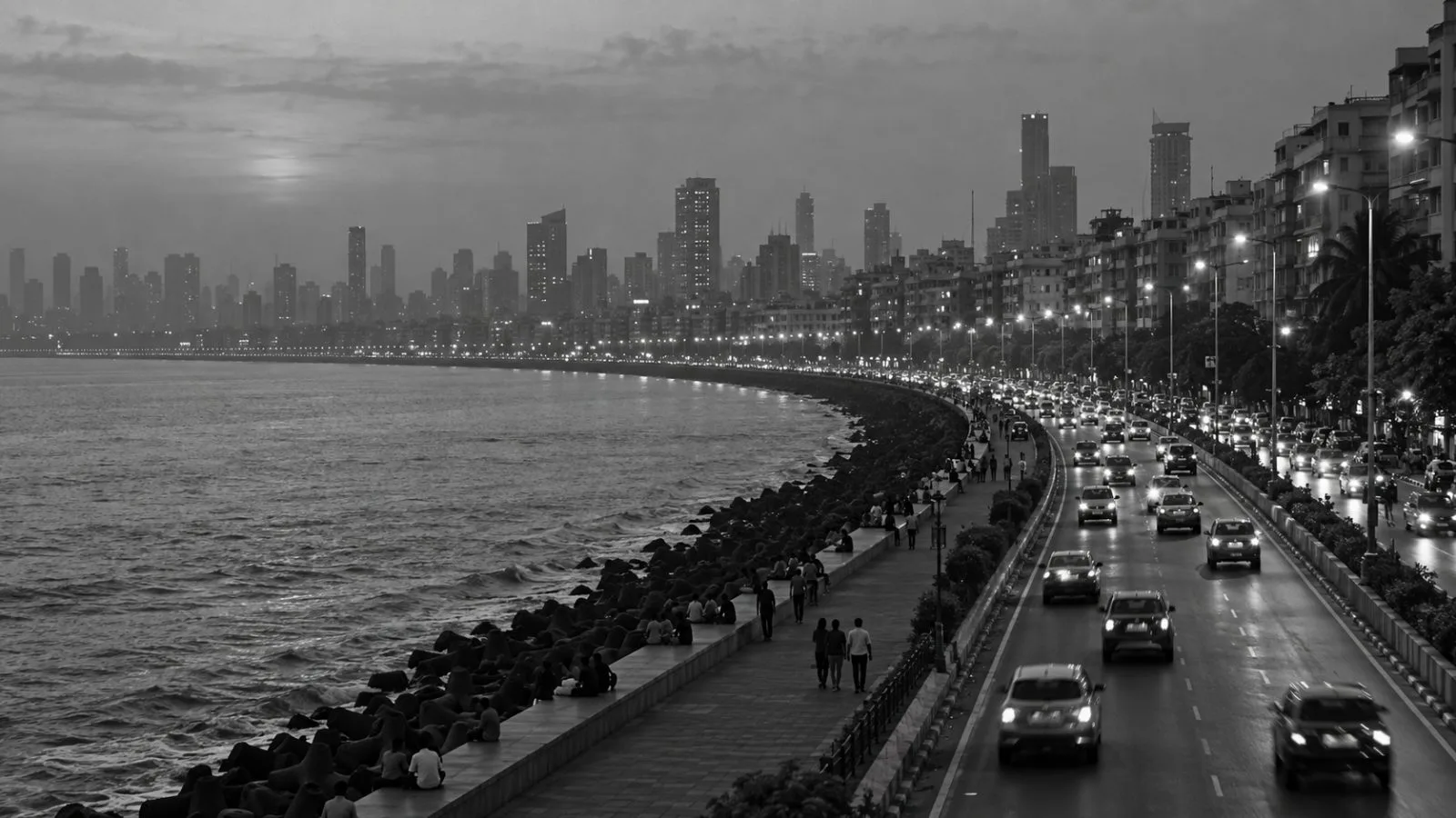 Traffic moves beneath a hazy skyline along Marine Drive in Mumbai, India. (AI-generated image / EconoTimes)