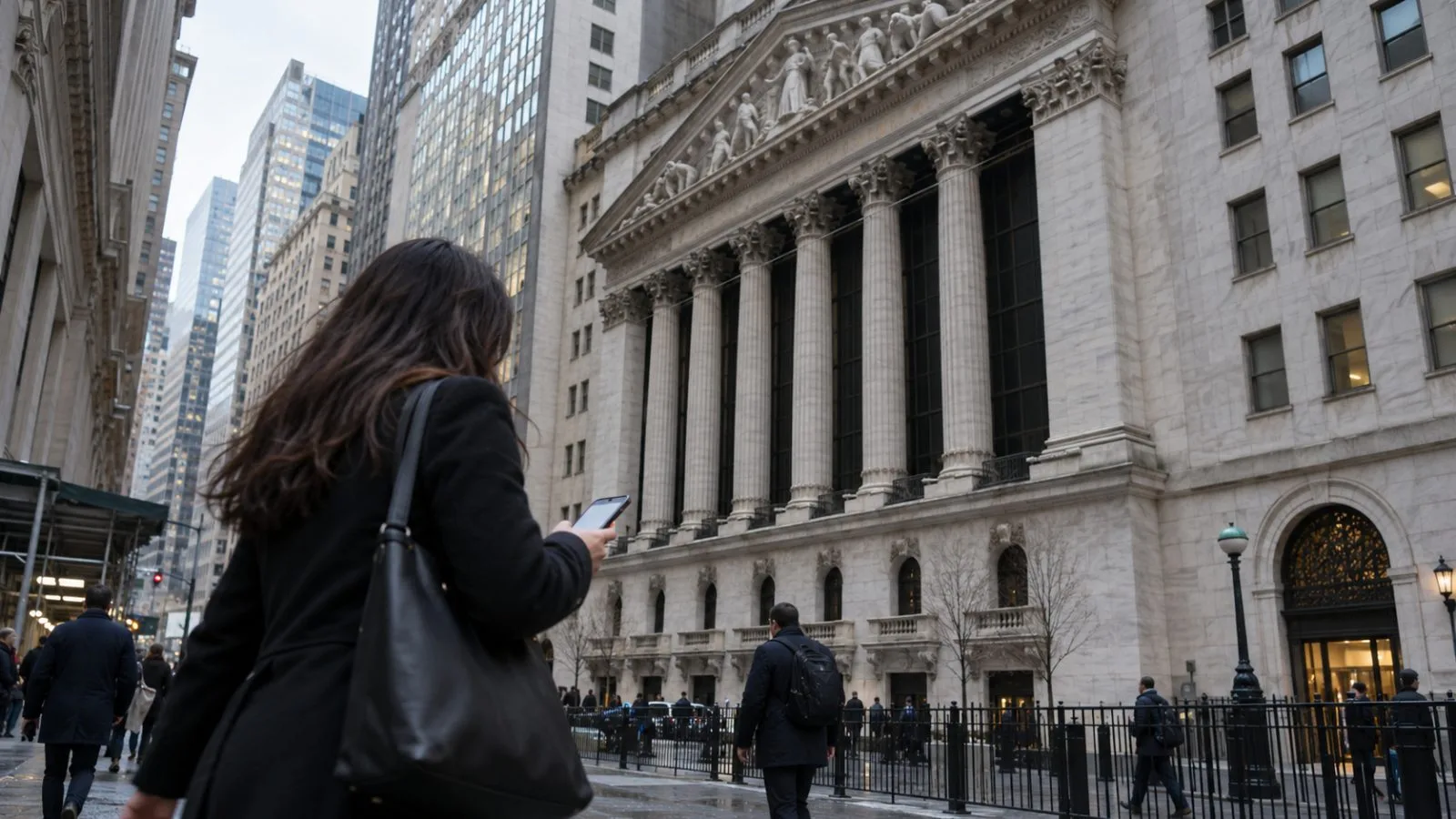 A passerby checks a phone on Wall Street in Manhattan beneath an overcast morning sky. (AI-generated image / EconoTimes)