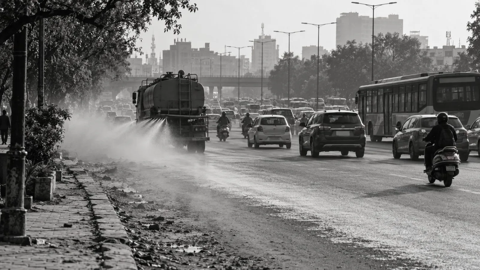 A truck sprays a dusty roadside as vehicles pass through haze in Delhi. (AI-generated image / EconoTimes)