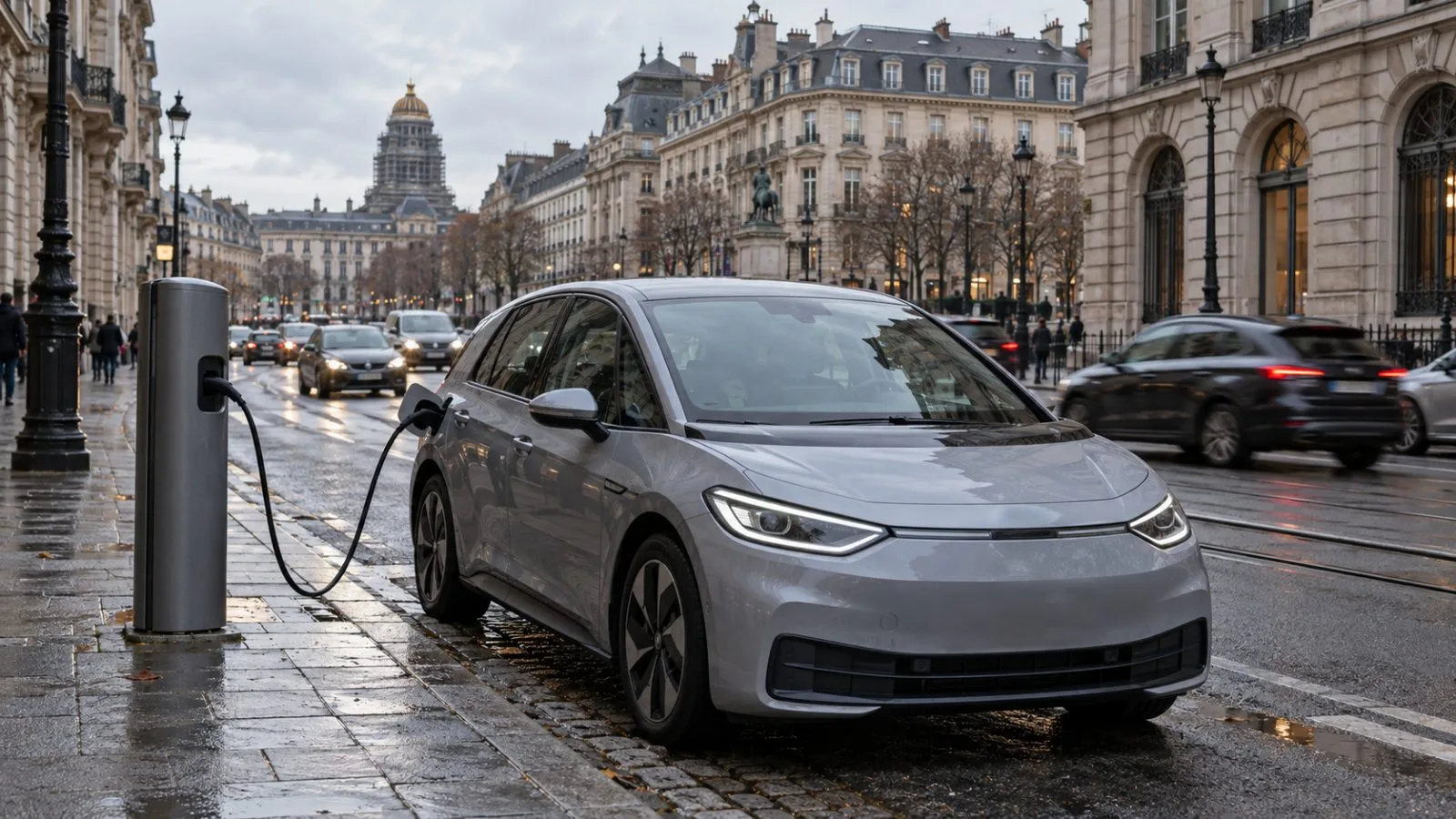 An electric car charges at a curbside station on a Brussels street. (AI-generated image / EconoTimes)