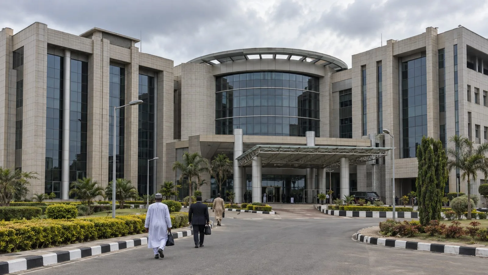Visitors approach the Nigerian upstream regulator’s offices in Abuja under overcast skies. (AI-generated image / EconoTimes)