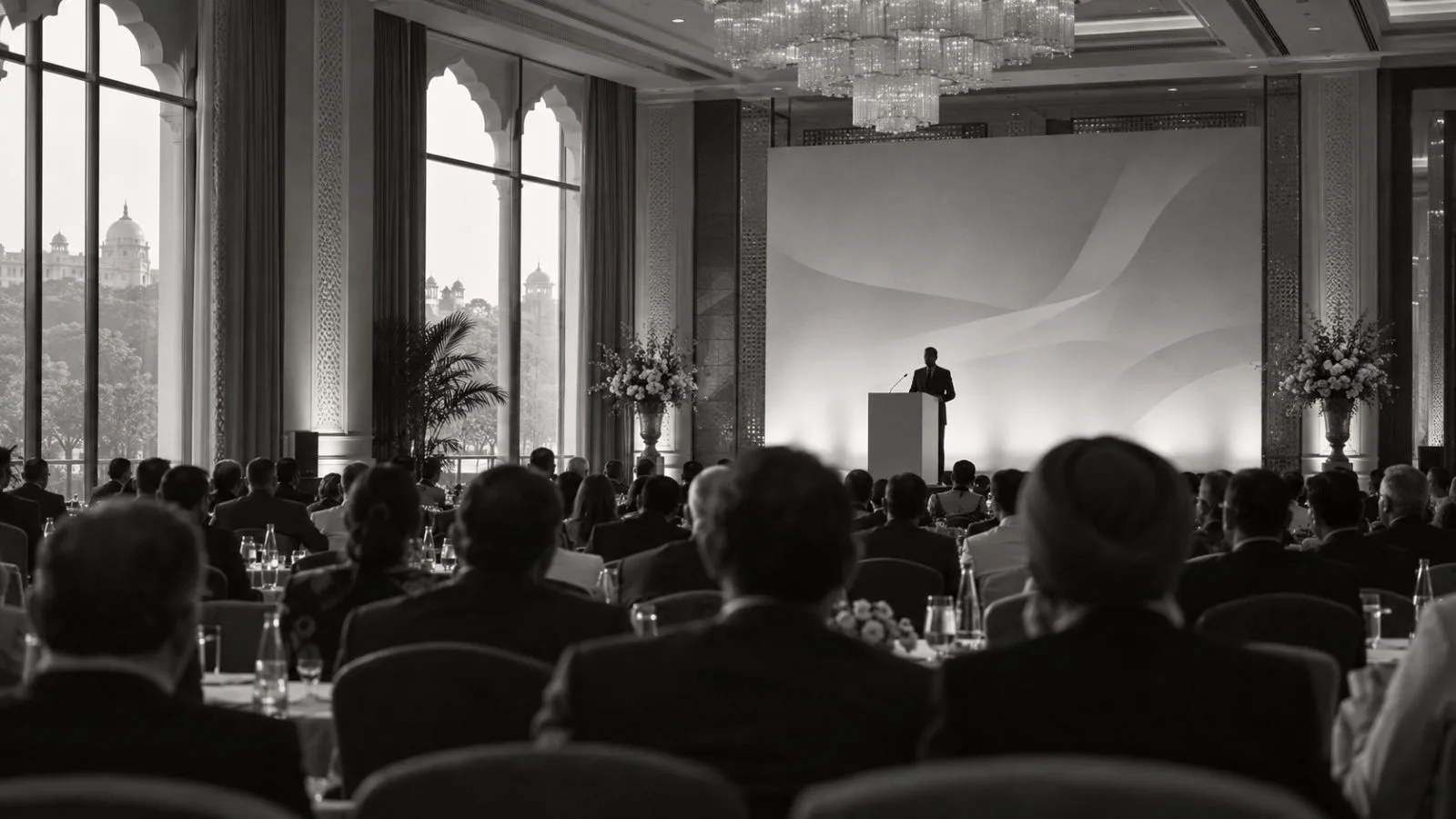 Attendees listen during a summit session at Hotel Taj Palace in New Delhi. (AI-generated image / EconoTimes)