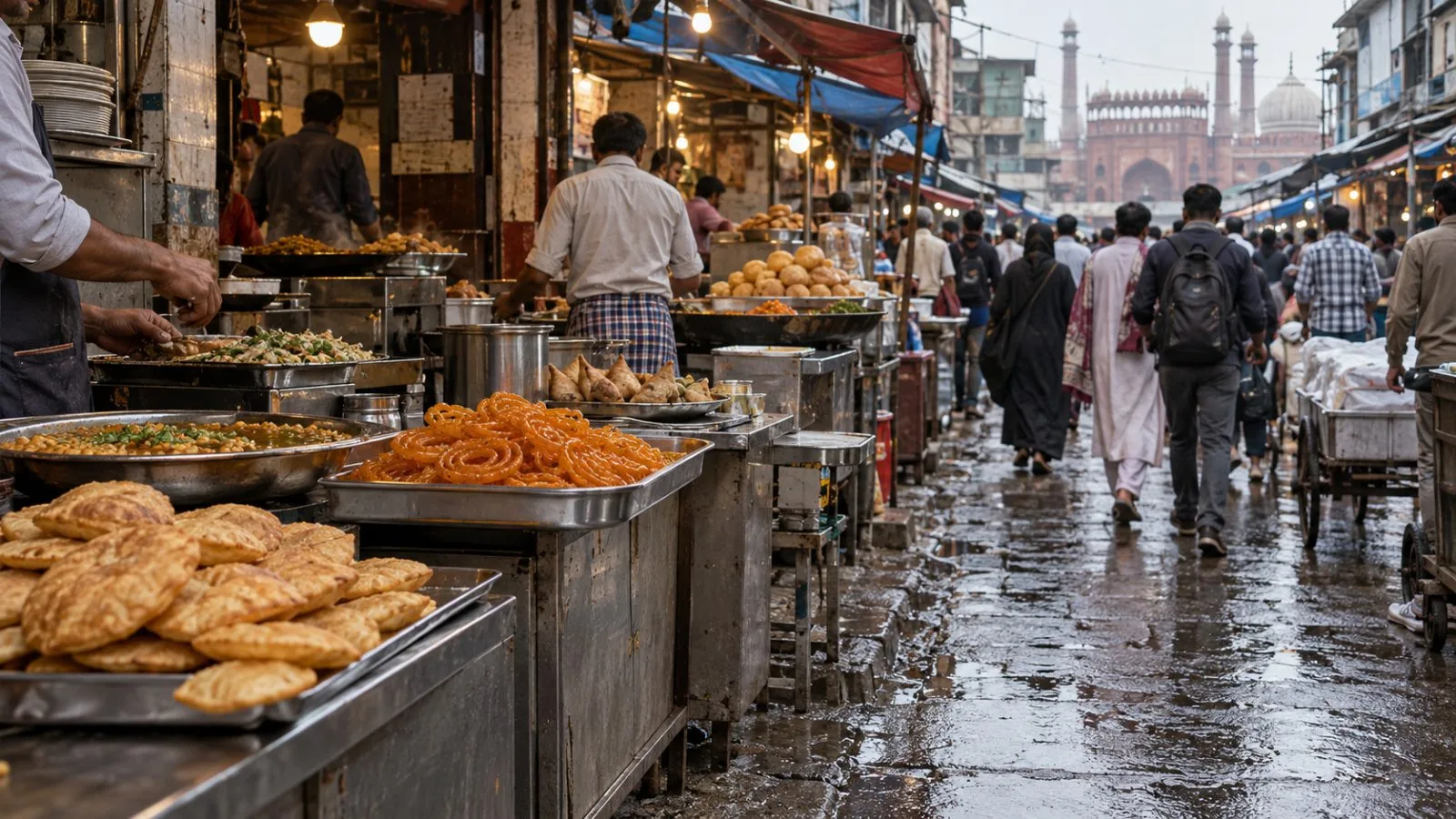 Vendors arrange trays of prepared food at a busy street market in Chandni Chowk, New Delhi. (AI-generated image / EconoTimes)