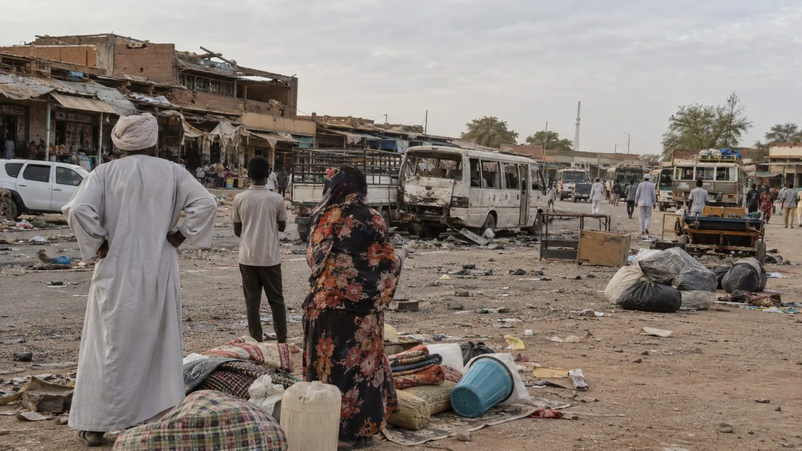 Residents stand near scattered belongings at a transport hub in Al-Dibab, Sudan. (AI-generated image / EconoTimes)