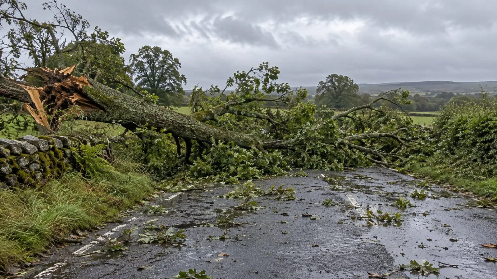 A fallen tree blocks a wet rural road near Castle Douglas, Scotland, after the storm. (AI-generated image / EconoTimes)