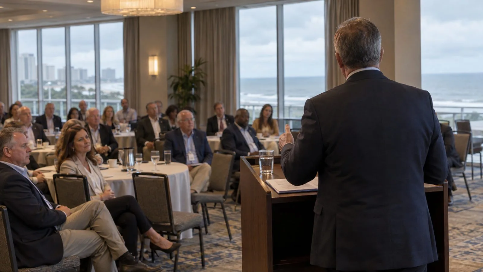 An audience listens during an investment conference in a Myrtle Beach hotel ballroom. (AI-generated image / EconoTimes)