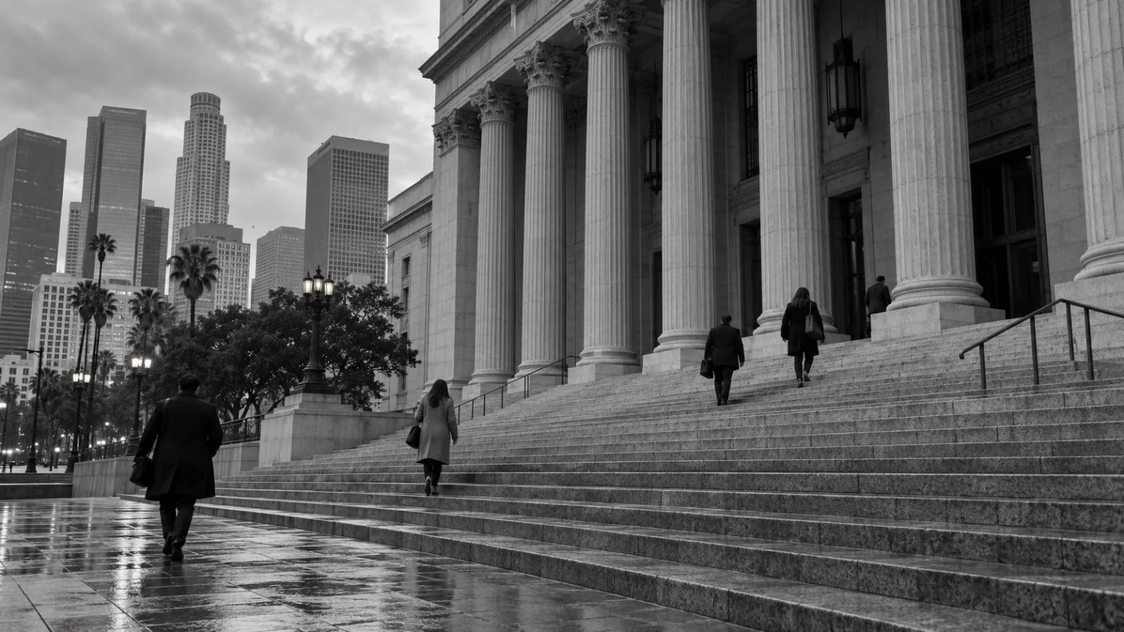 Pedestrians pass the federal courthouse in downtown Los Angeles beneath an overcast afternoon sky. (AI-generated image / EconoTimes)