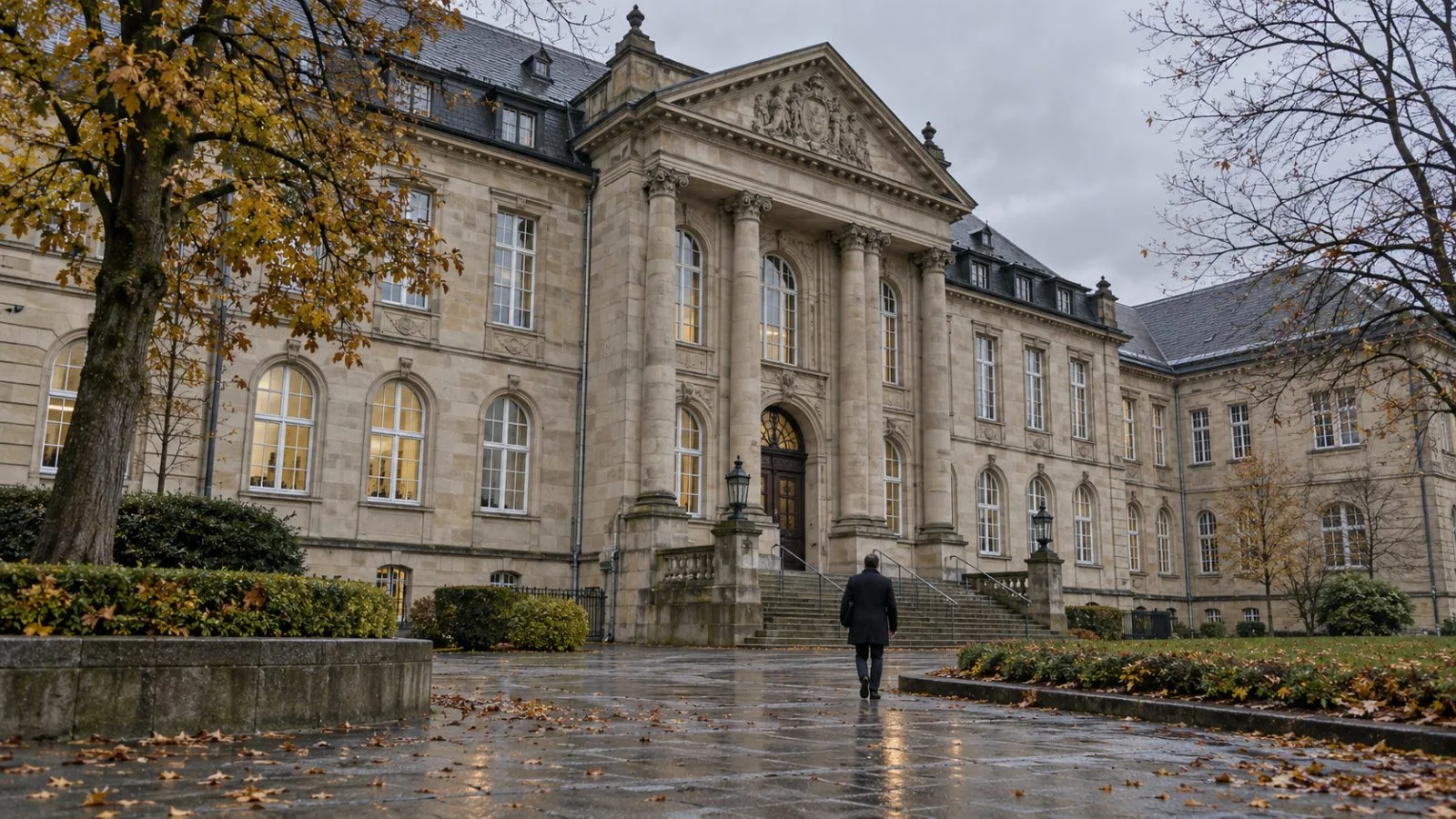The Schleswig-Holstein Higher Regional Court stands in Schleswig, Germany, beneath an overcast autumn sky. (AI-generated image / EconoTimes)