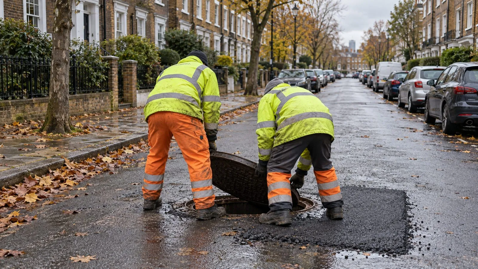 Water utility workers lift a curbside water-main cover on a residential street in London. (AI-generated image / EconoTimes)