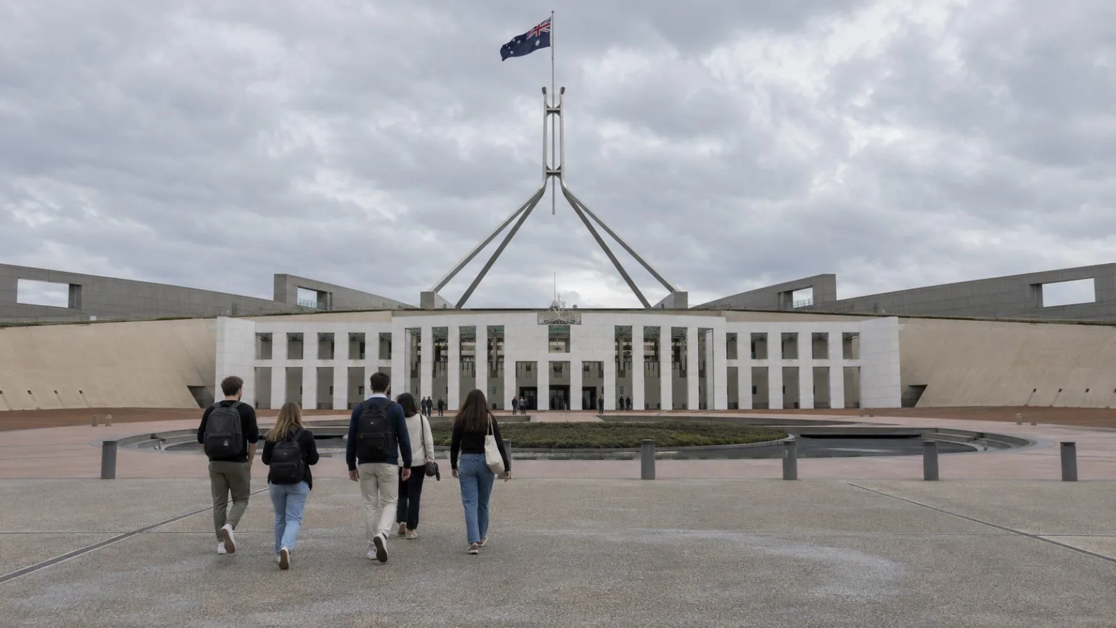 Visitors cross the forecourt outside Parliament House in Canberra, Australia. (AI-generated image / EconoTimes)