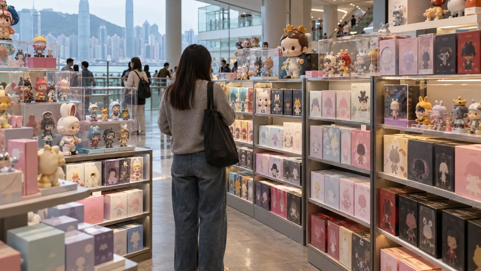A shopper examines collectible figures at a toy store in Hong Kong. (AI-generated image / EconoTimes)