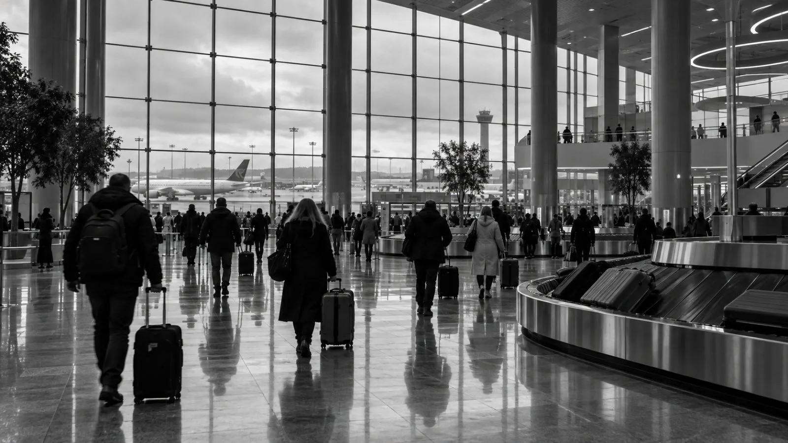 Travelers pull luggage through the arrivals hall at Moscow's Sheremetyevo Airport. (AI-generated image / EconoTimes)