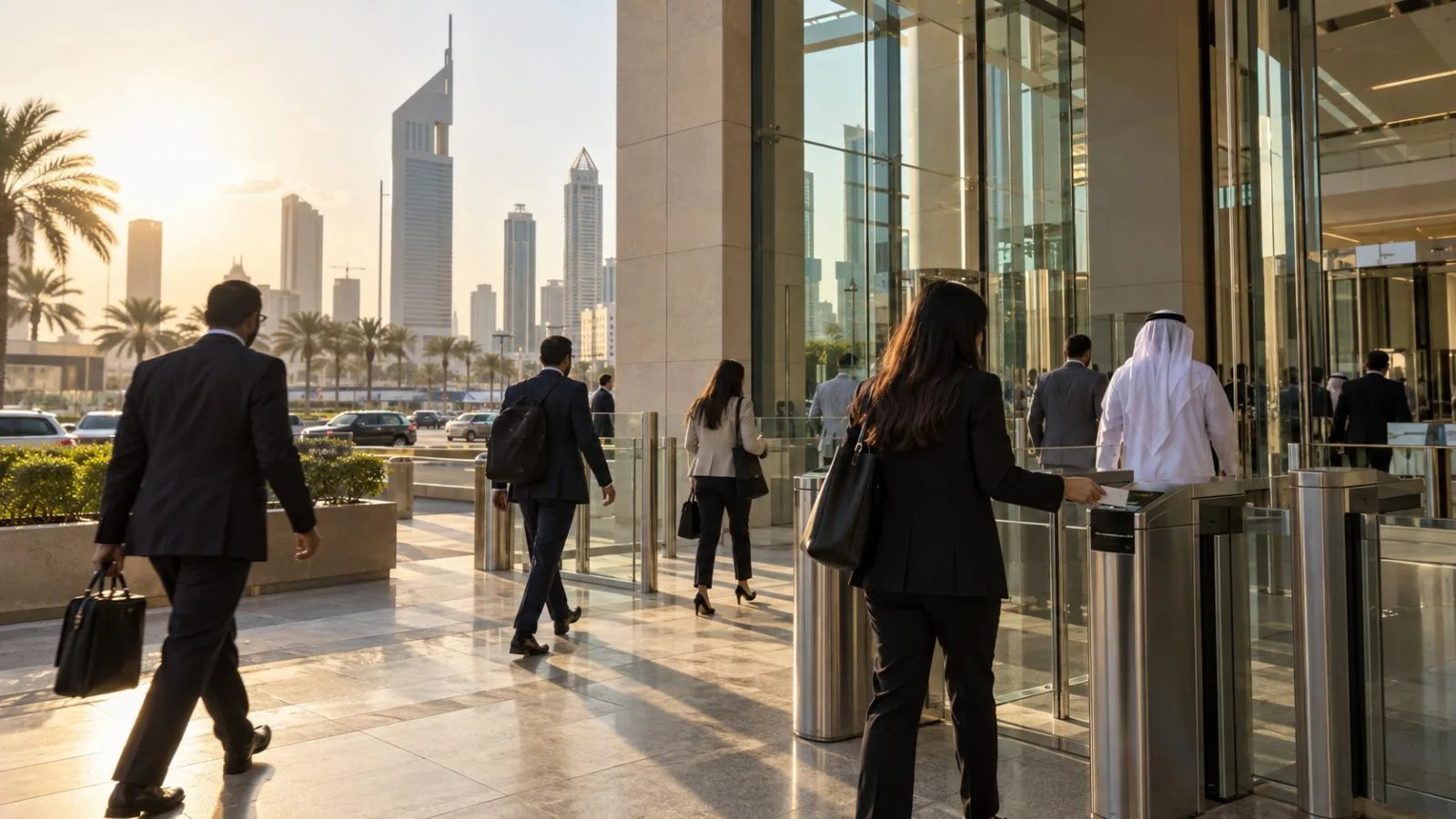 Workers pass through security gates at a Dubai commercial building in the United Arab Emirates. (AI-generated image / EconoTimes)