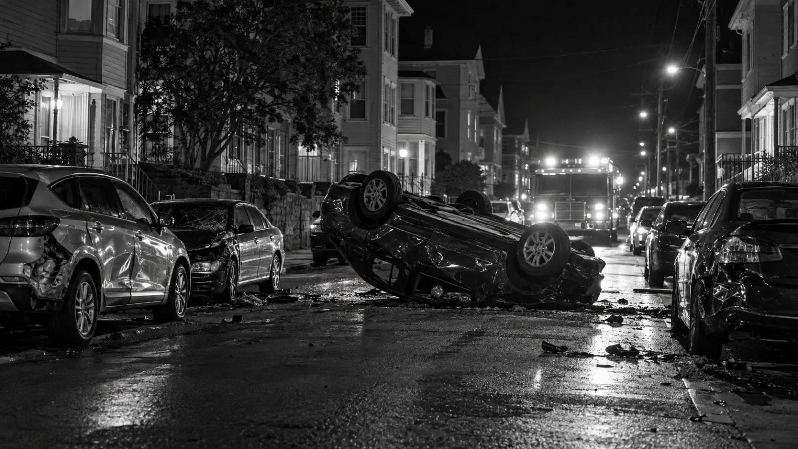 An overturned sedan sits beside damaged parked cars on a New Bedford street. (AI-generated image / EconoTimes)